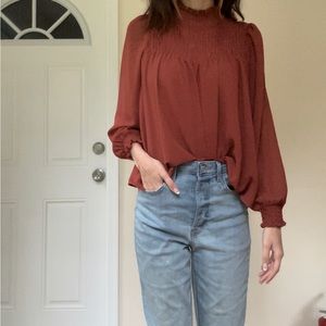 Deep Orange Q+A Los Angeles Brand Frilled Neck Long Sleeve Blouse